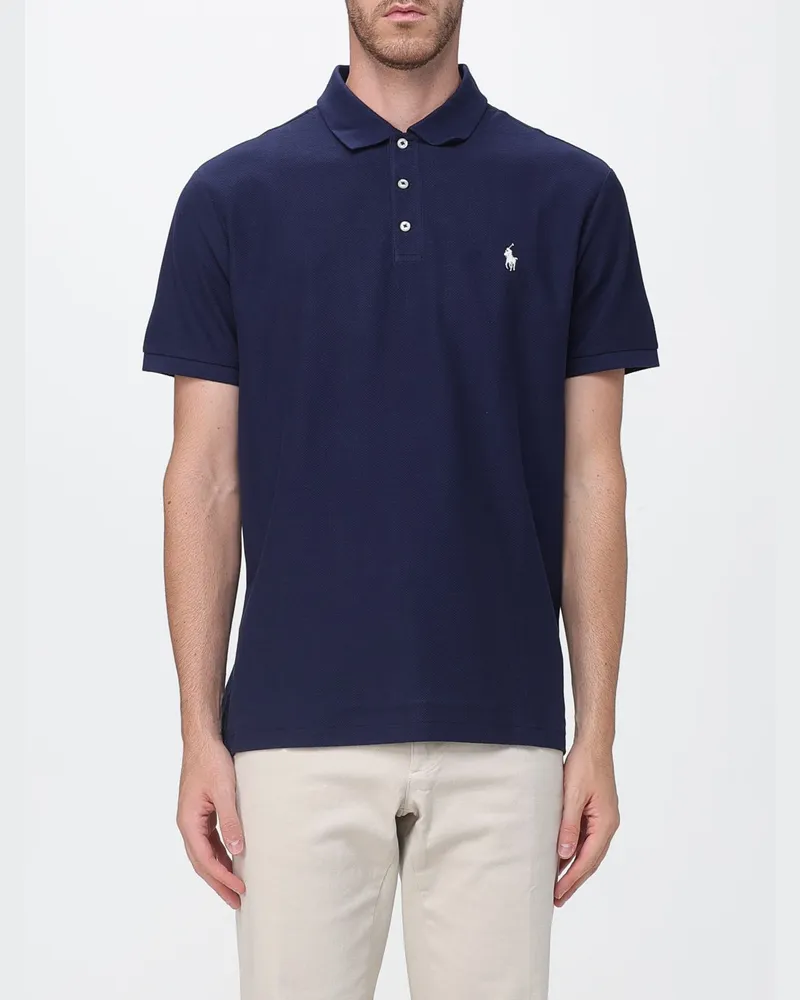 Ralph Lauren Kurzärmeliges Baumwollstrick-Polohemd mit gesticktem Pony-Logo Blau