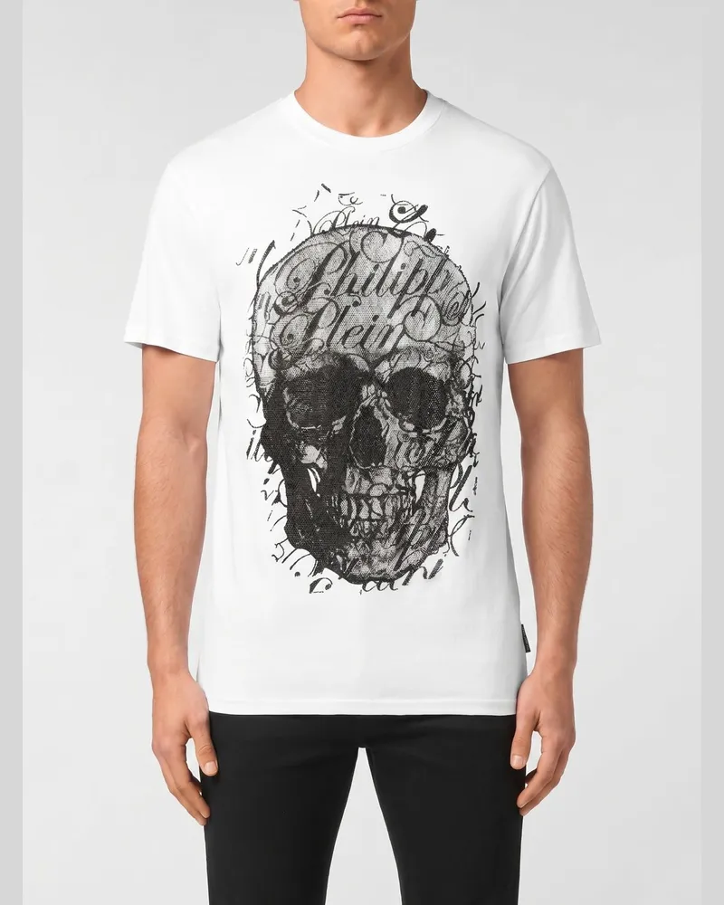 Philipp Plein Skull Baumwoll-T-Shirt mit Strasslogo Weiß