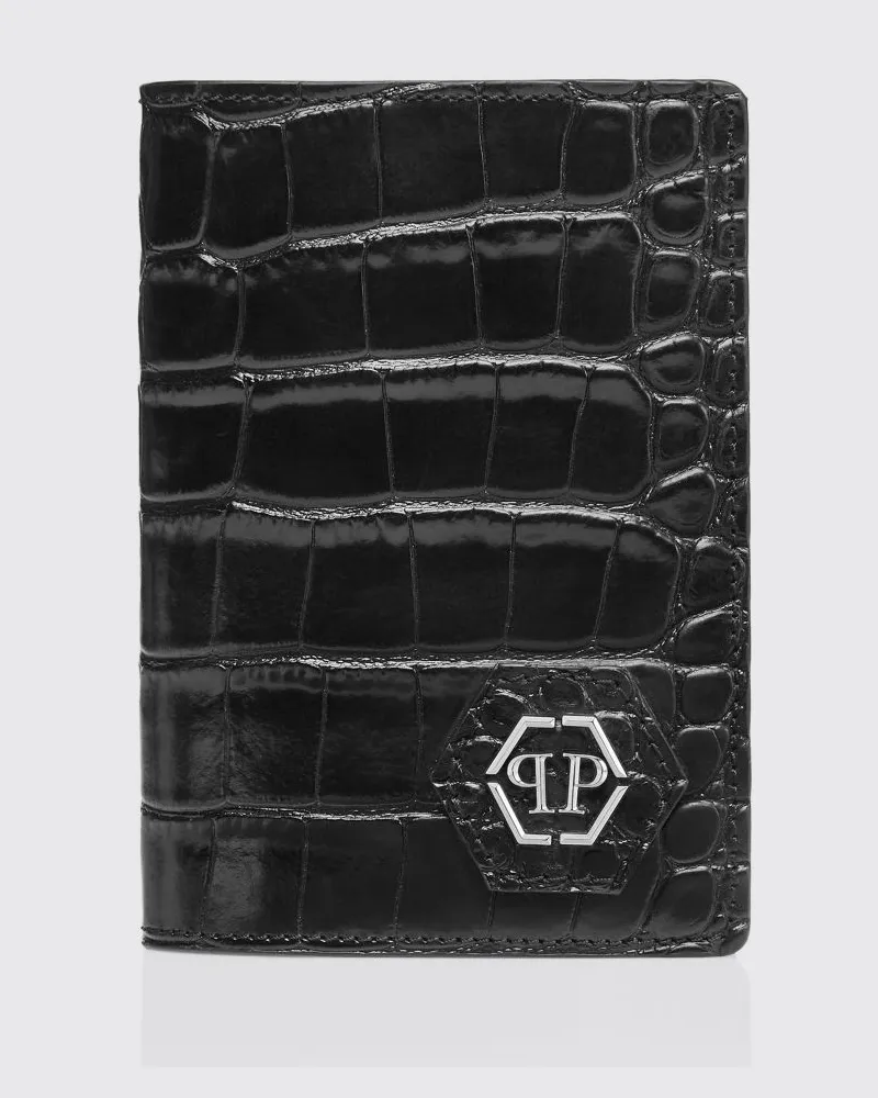 Philipp Plein Reisepasshülle aus Krokoprägung Leder Schwarz