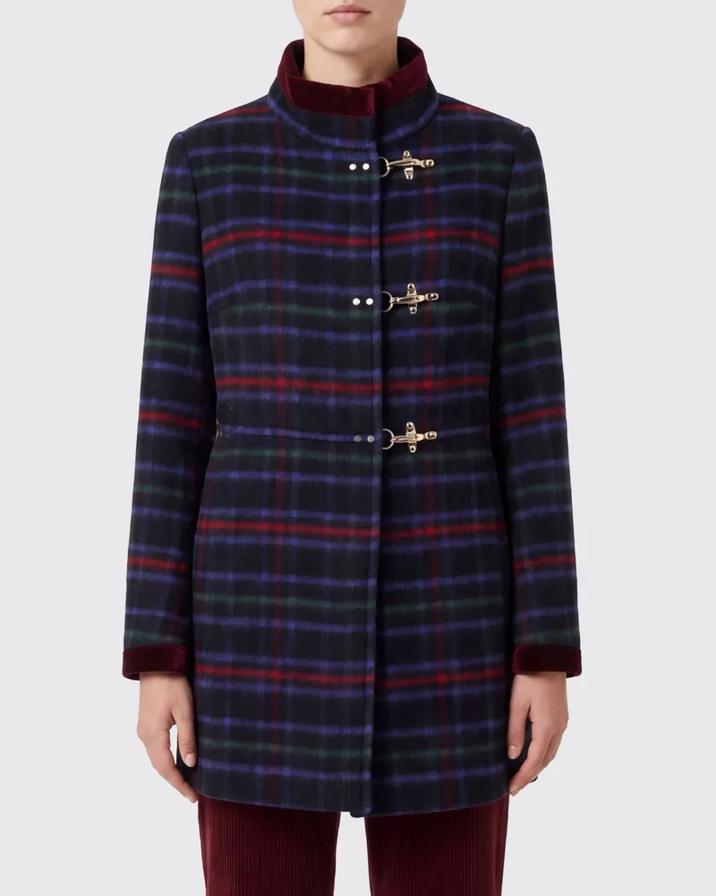 Fay Einreihiger knielanger Wollmantel mit Tartanmuster und Knebelverschluss Blau
