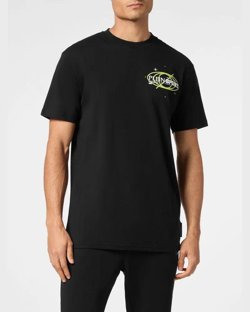 Philipp Plein Slim Fit Baumwoll-T-Shirt mit Kontrastlogo und überschnittenen Schultern Schwarz