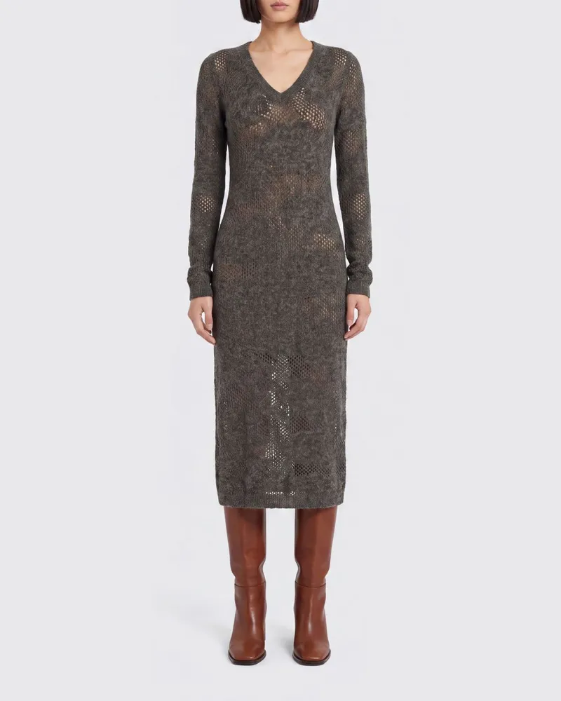 Brunello Cucinelli Slim-Fit-Midikleid aus Wollstrick mit V-Ausschnitt Grau