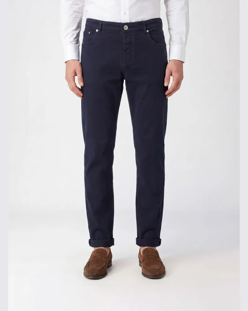 Brunello Cucinelli Straight Fit Stretch-Baumwoll-Denim-Jeans mit fünf Taschen Blau
