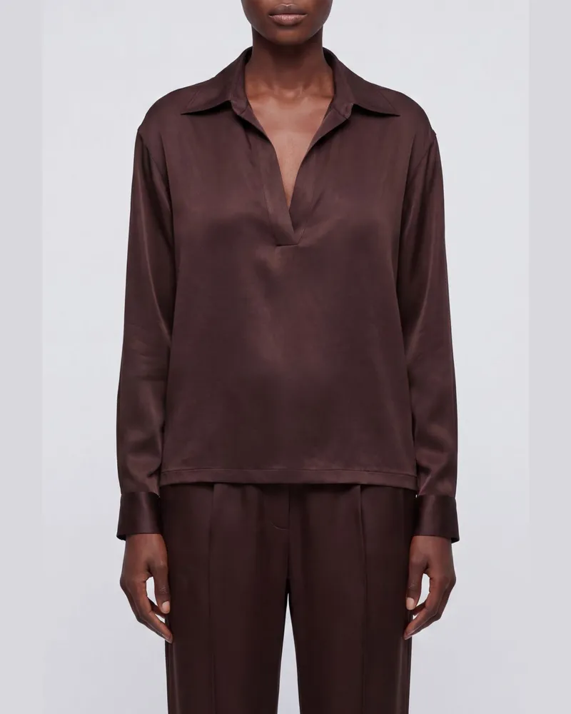 Tom Ford V-Ausschnitt-Seidenbluse mit langen, überschnittenen Ärmeln Kaffee