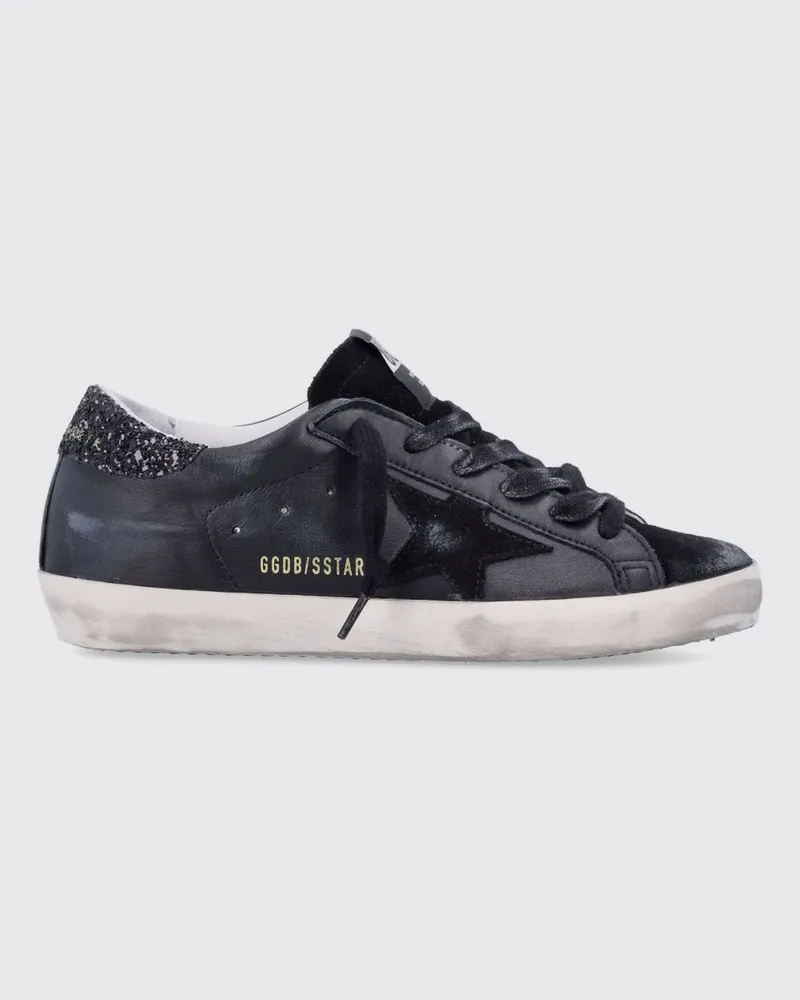 Golden Goose Super-Star Used-Sneakers aus Nappaleder und Glitter Schwarz