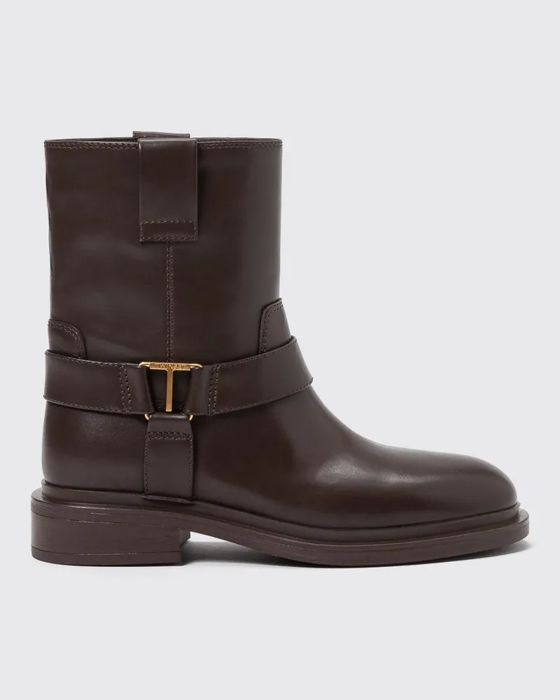 Twin-Set Biker-Stiefeletten aus Glattleder mit metallischem Logo und doppelten Zuglaschen Braun
