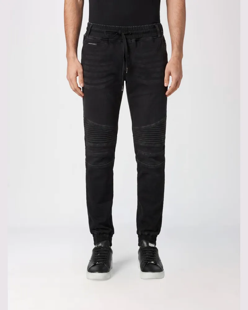 Philipp Plein Slim Fit Skinny Jeans aus Baumwolldenim mit Kordelzugbund Schwarz
