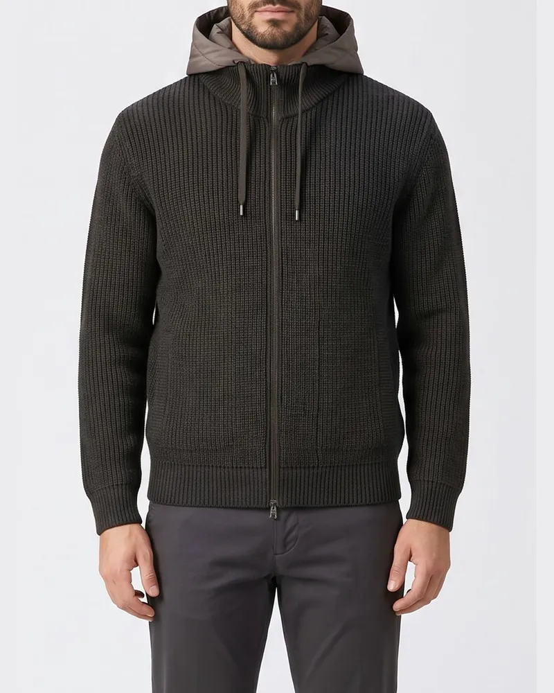 Herno Cardigan aus Schurwolle mit Nylon-Latz und abnehmbarer Kapuze Grau