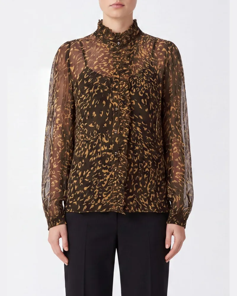 Twin-Set Georgette-Hemd mit Animal-Print und gerüschtem Stehkragen Braun