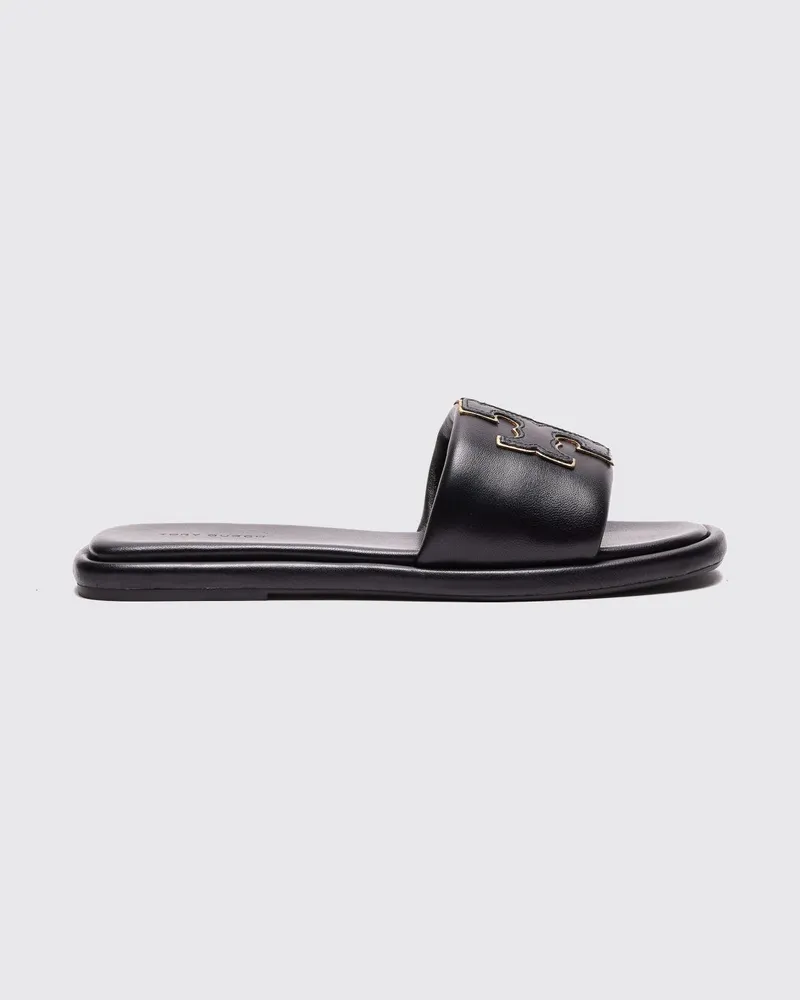 Tory Burch Double T Sport Slide-Sandalen aus Glattleder mit Logo Schwarz