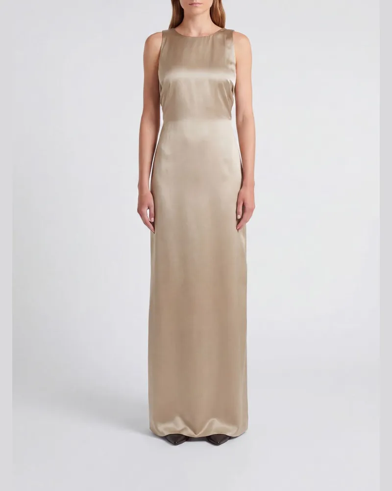Max Mara Langes Abendkleid aus Seidensatin mit freien Schultern Puder