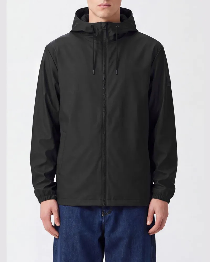 RAINS Windbreaker-Jacke aus Polyester mit Kapuze, hohem Kragen und Reißverschluss Schwarz