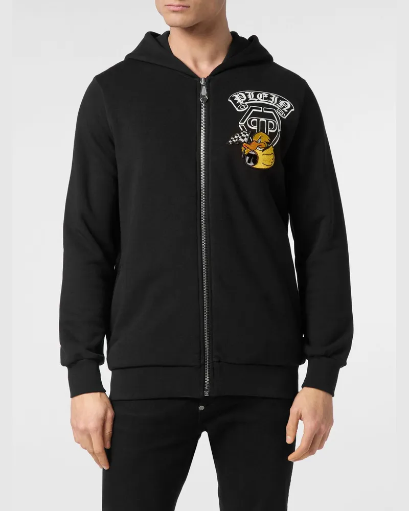 Philipp Plein Baumwoll-Hoodie mit Reißverschluss mit Grafikdruck und Hexagon-Logo Schwarz