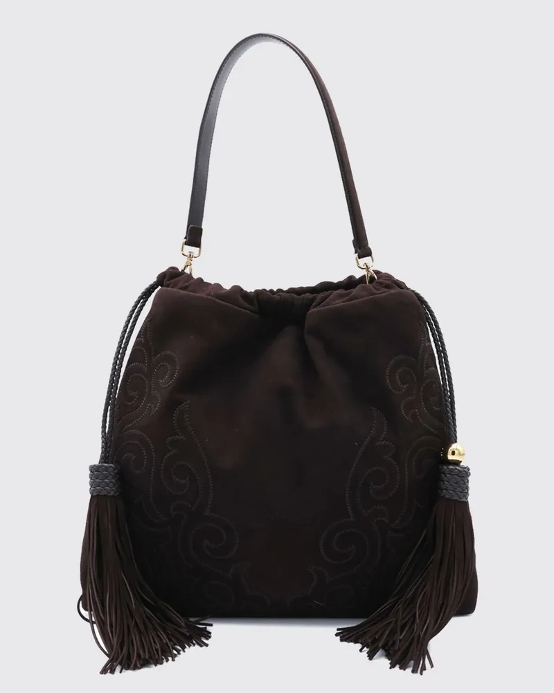 Etro Kalispera Wildleder-Beuteltasche mit Pegaso-Logo und Quasten Braun
