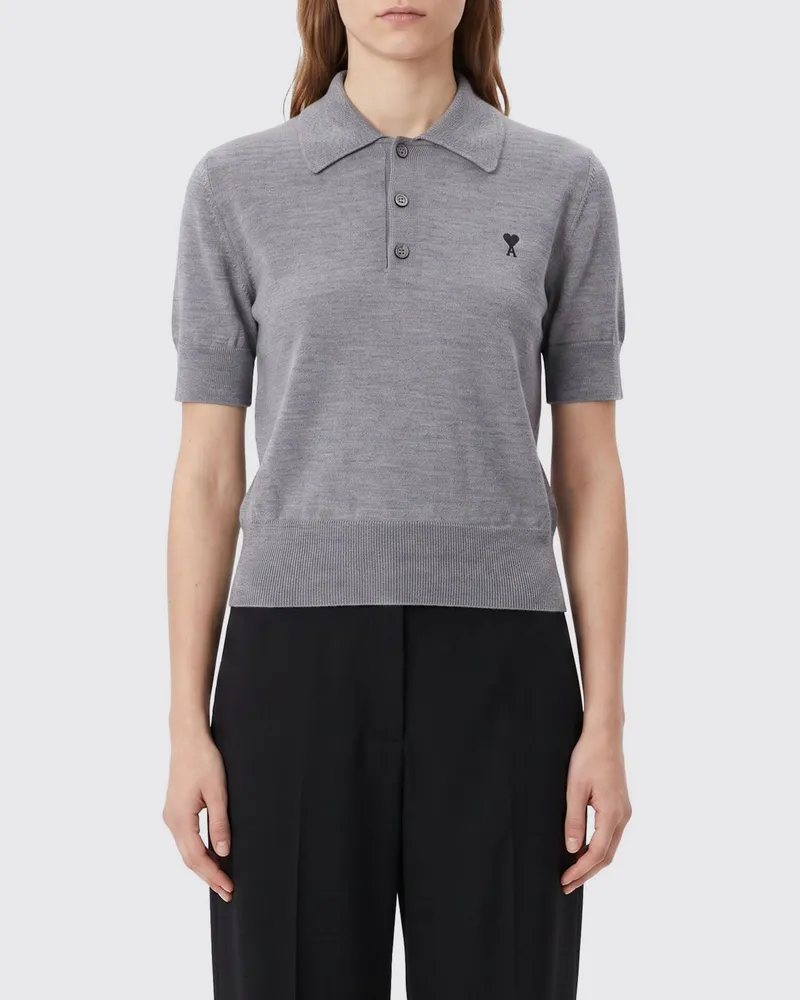 AMI Paris Kurzärmeliges Strick-Poloshirt aus Wolle von mit gesticktem Logo Grau