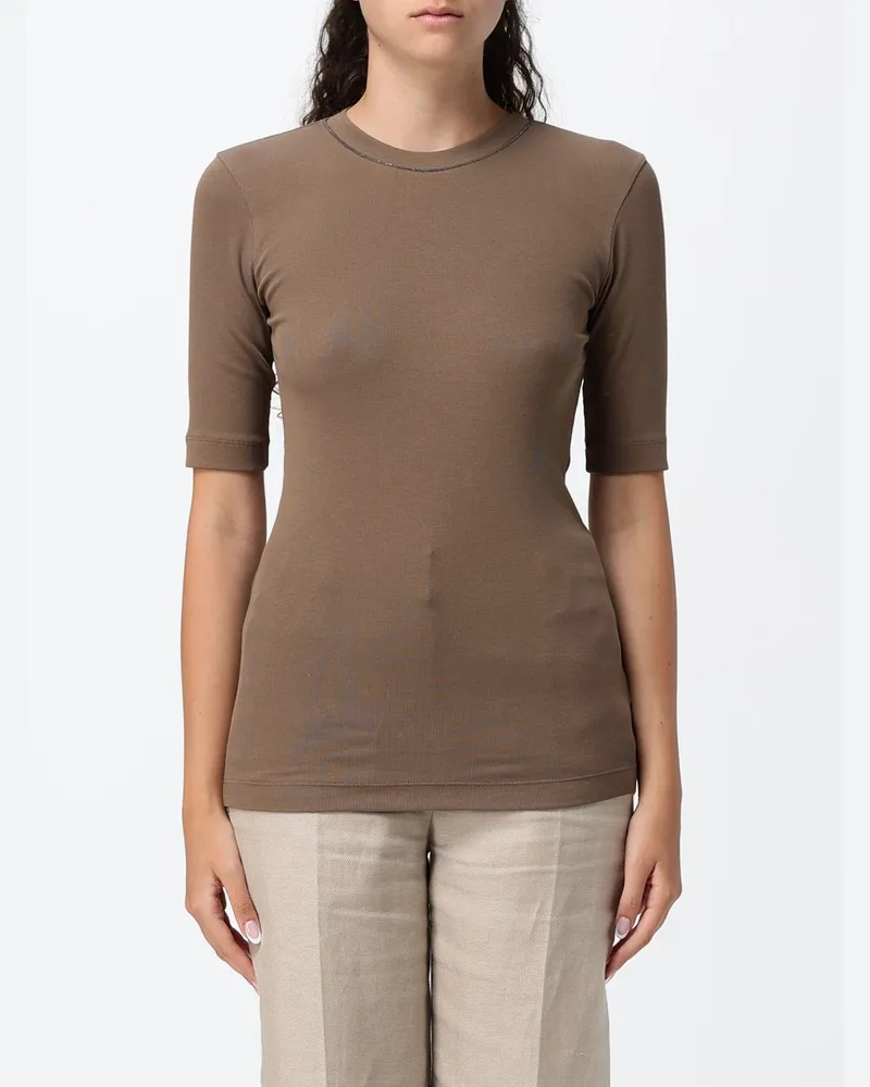 Brunello Cucinelli Stretch-Baumwoll-T-Shirt mit Monili-Verzierung Braun