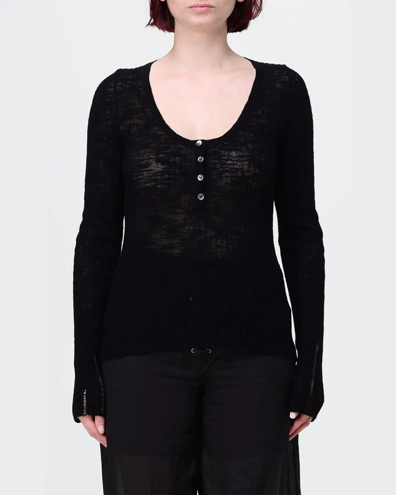 Pinko Langärmeliges Slim-Fit-Top aus Baumwolle von mit U-Ausschnitt und Knöpfen Schwarz