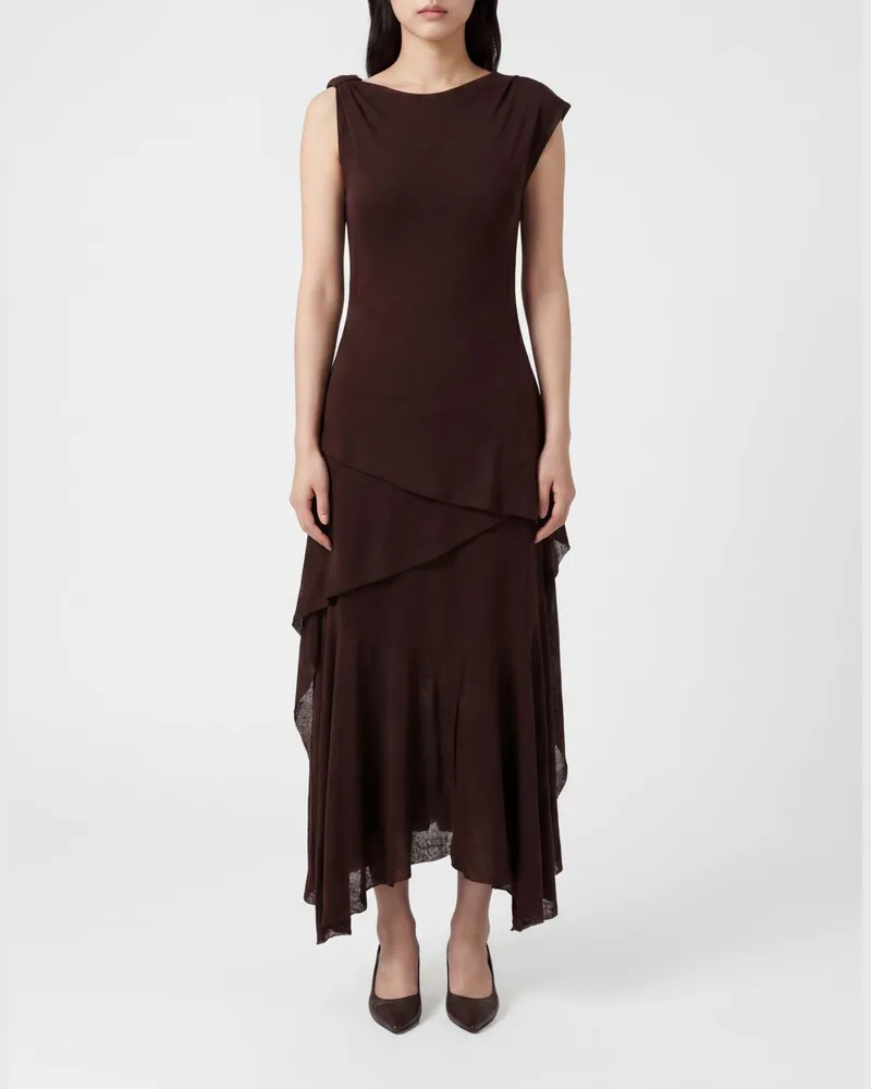 Ganni Asymmetrisches schulterfreies Midikleid aus recyceltem Jersey Braun