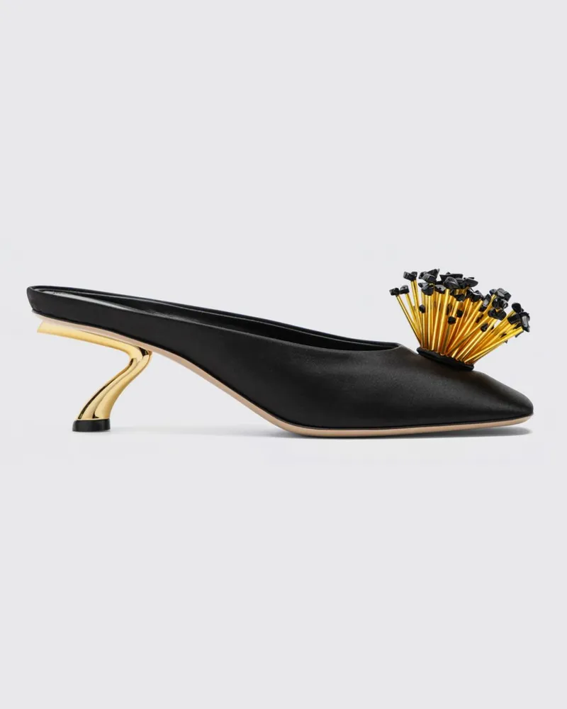 Ferragamo Bestickte Satin-Mules von mit Perlen und skulpturalem Absatz Schwarz
