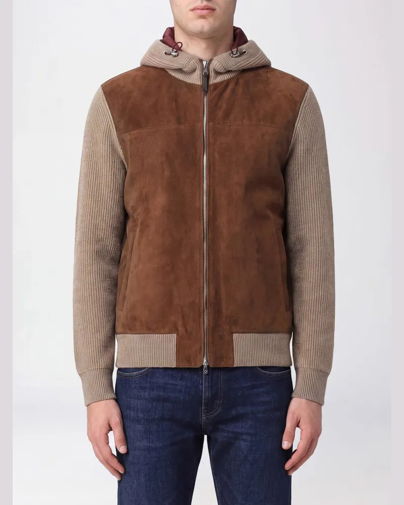 Brunello Cucinelli Bomberjacke mit Kapuze aus Wildleder und Kaschmir Braun