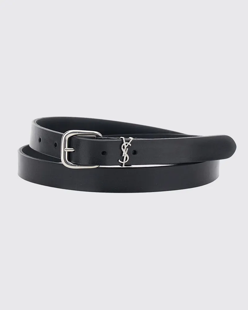 Saint Laurent Schmaler Cassandre Gürtel aus Kalbsleder mit YSL-Monogramm Schwarz