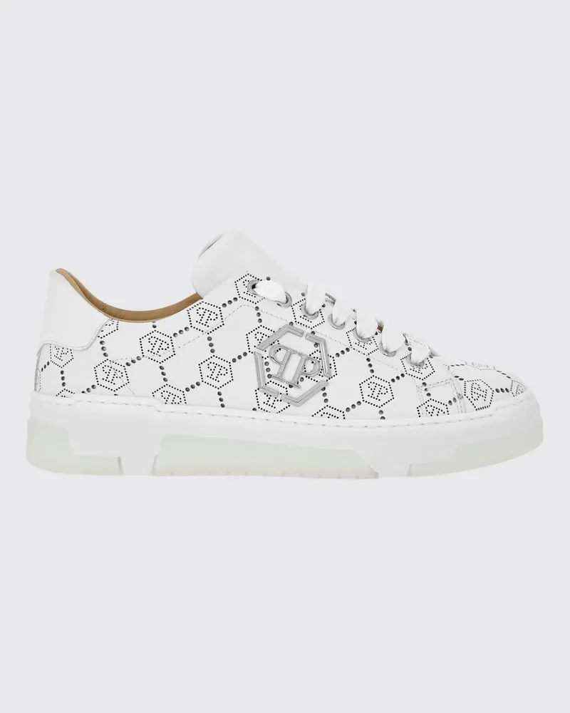 Philipp Plein Niedrige Leder-Sneaker mit Strass-Hexagon-Logo Weiß