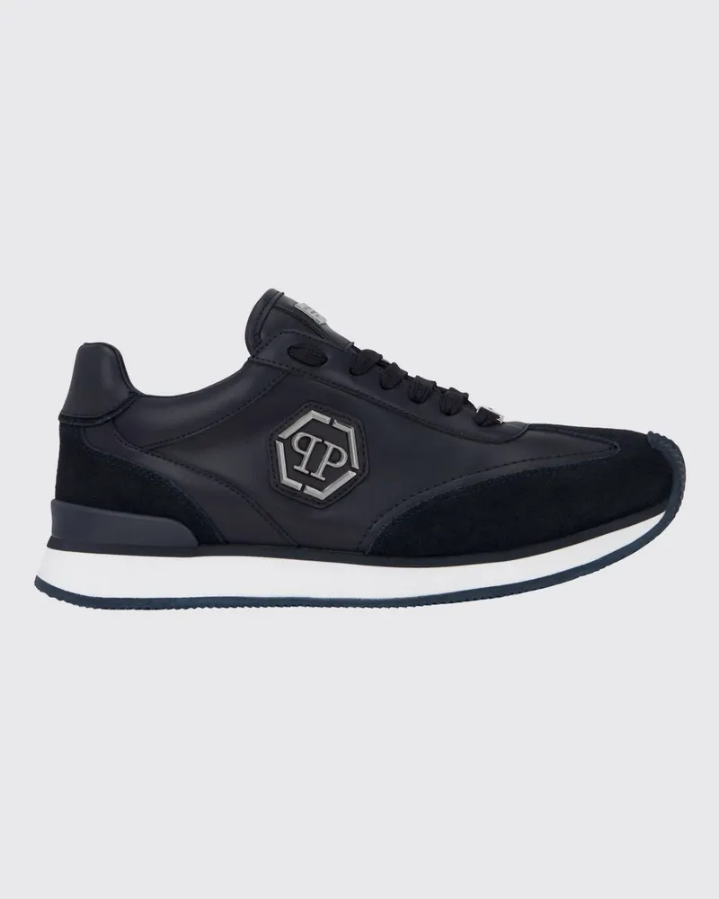 Philipp Plein Low-Top-Sneakers aus Leder und Veloursleder mit Hexagon-Logo und Monogramm Blau