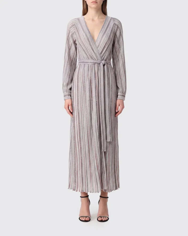 Missoni Langer, mehrfarbig gestreifter Lurex-Cardigan mit Taillengürtel Pink