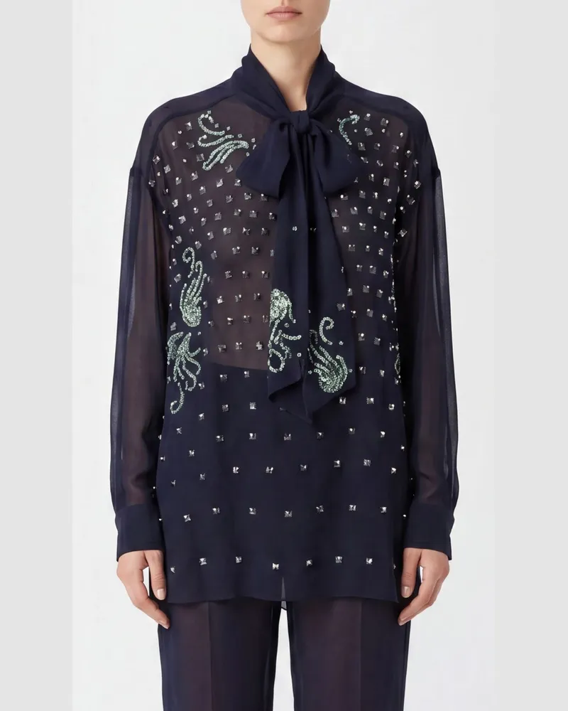 Dries van Noten Viskosebluse mit Schalkragen und Strass-Applikationen Blau