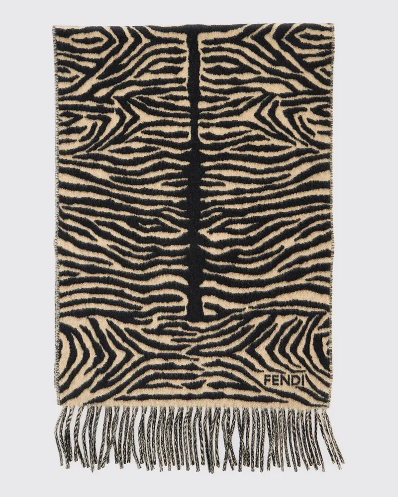Fendi Schal mit Zebramuster aus reiner Wolle mit Jacquard-Logo und Fransen Schwarz