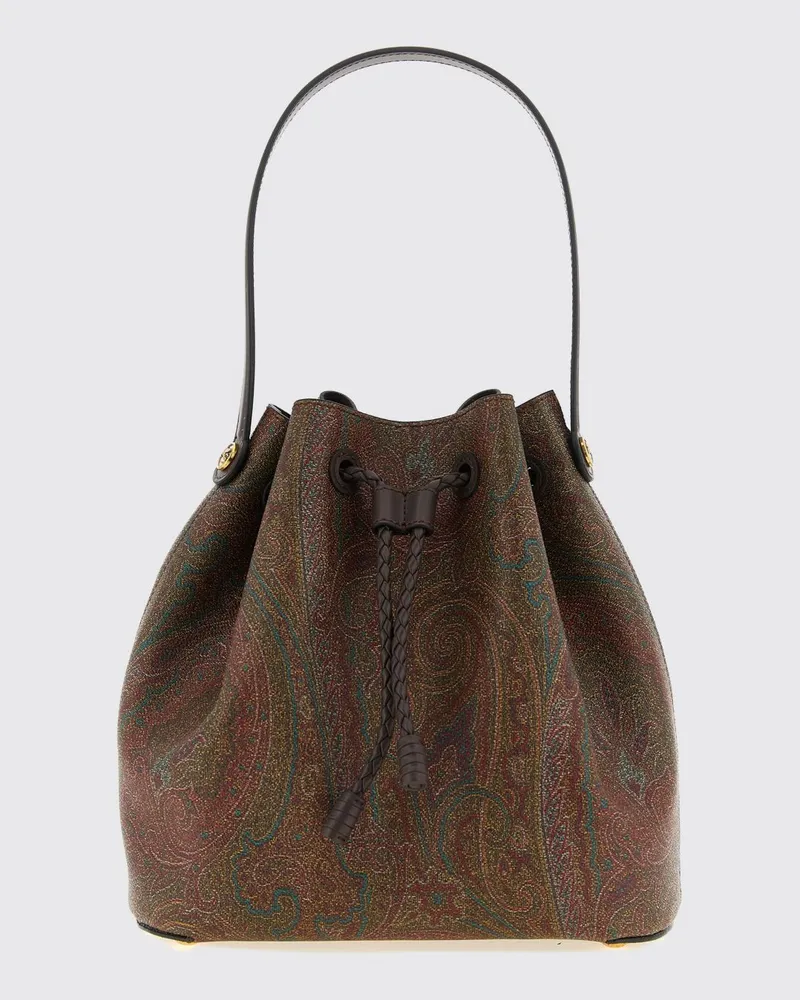 Etro Arnica Bucket Bag von aus beschichteter Baumwolle mit Paisley-Print und Pegaso-Logo Braun
