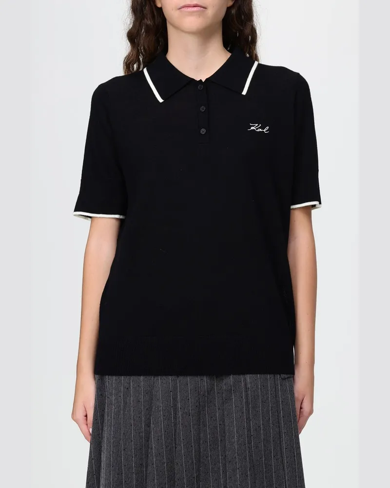 Karl Lagerfeld Gestricktes Poloshirt aus 100% Merinowolle mit Kontrastbesätzen Schwarz