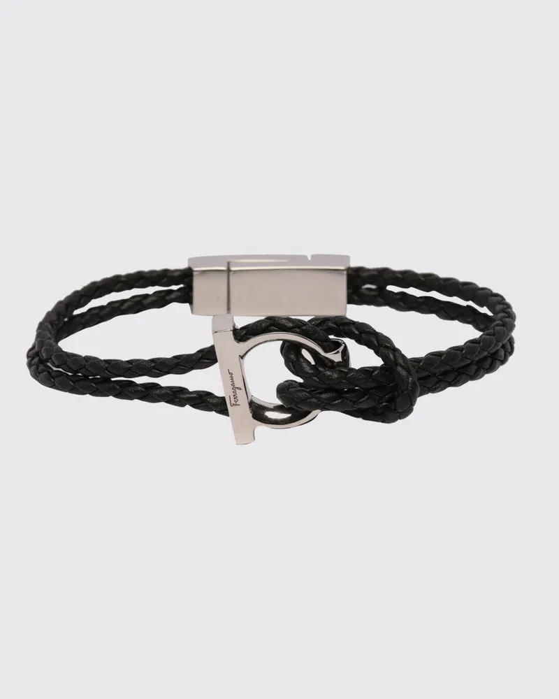 Ferragamo Geflochtenes Lederarmband mit Magnetverschluss und graviertem Logo Schwarz