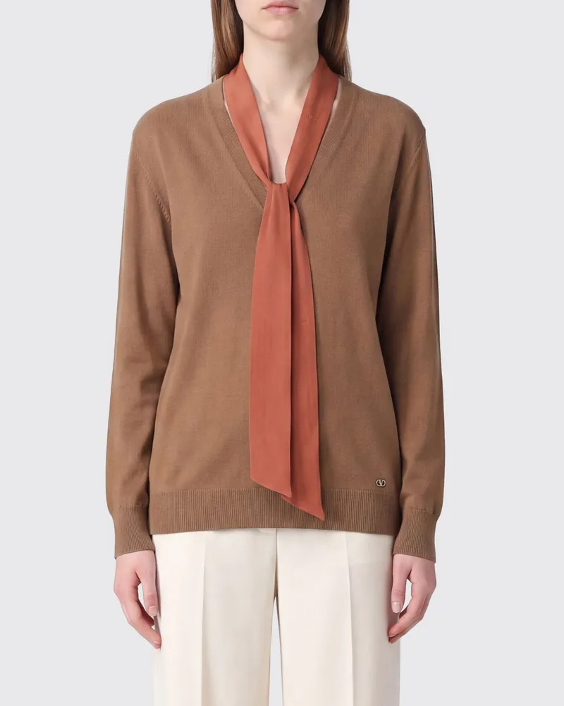 Valentino Garavani Wollpullover mit V-Ausschnitt und Schalkragen Beige
