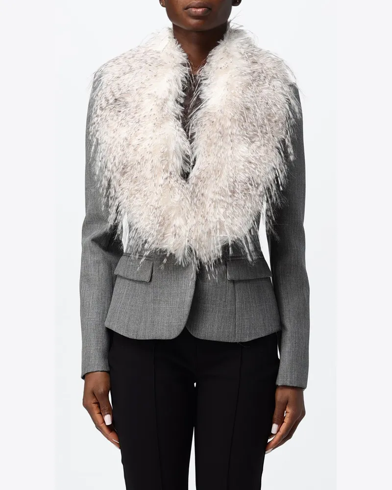 Elisabetta Franchi Slim Fit Blazer aus Schurwolle mit Pelzkragen Grau