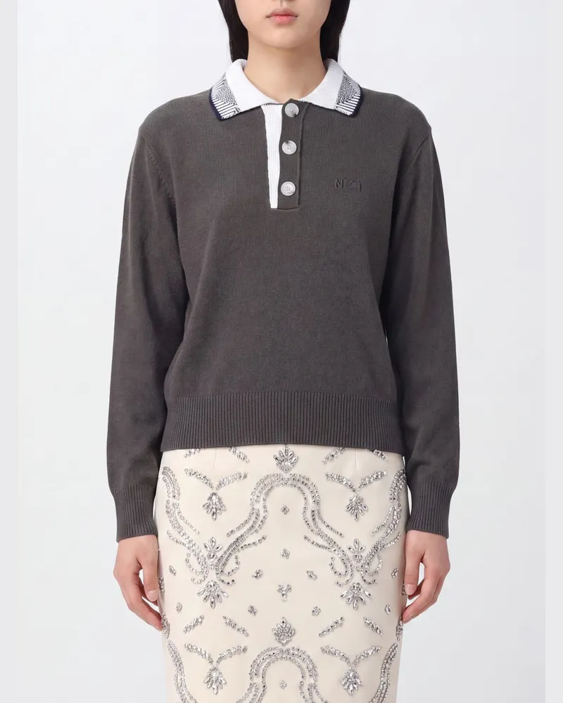 N° 21 Langärmeliges Poloshirt aus reiner Wolle mit Kontraststreifen Grün