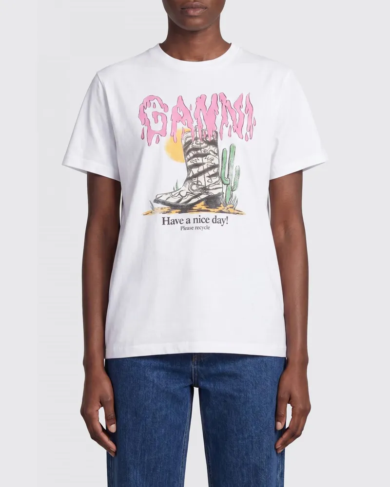 Ganni Slim Fit Baumwoll-T-Shirt mit Graffiti-Logo-Druck Weiß