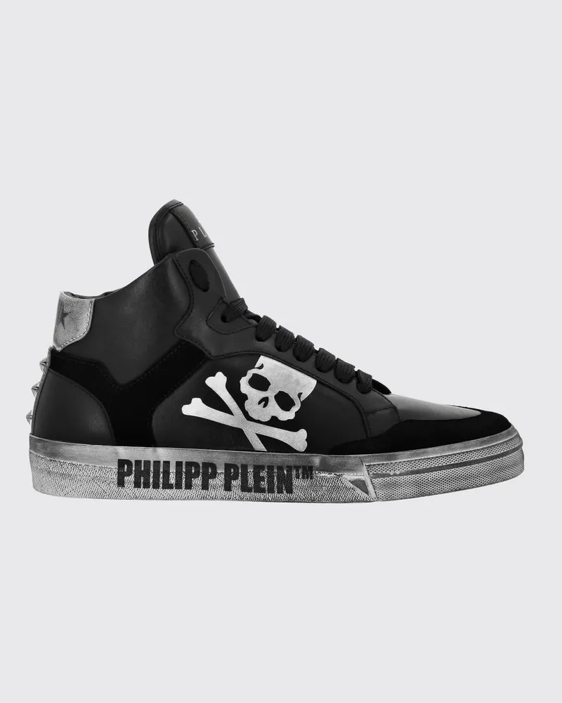 Philipp Plein Hohe Skull Sneakers aus Leder und Veloursleder im Used-Look Schwarz