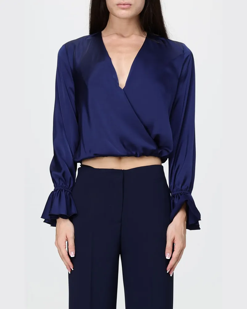 Hanita Cropped Satinbluse mit V-Ausschnitt und ausgestellten langen Ärmeln Blau