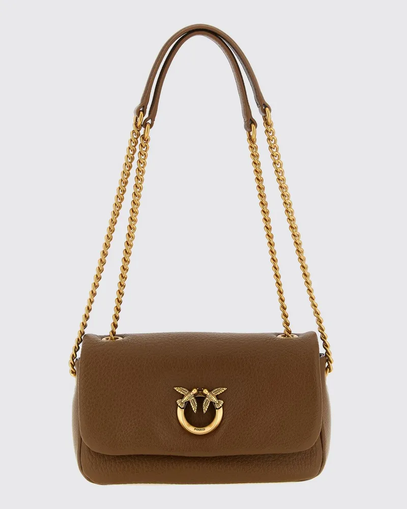 Pinko Click Soft Horizontal Classic Schultertasche aus Lammleder mit Monogramm Earth
