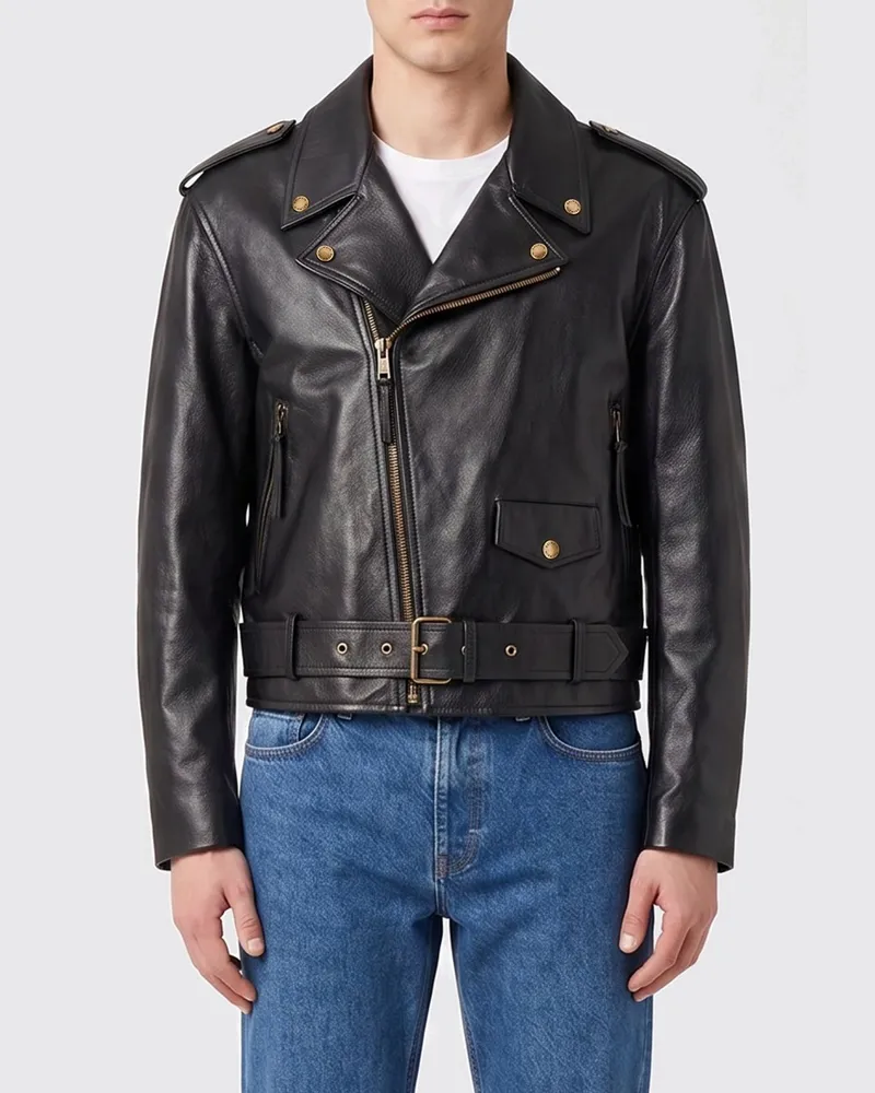 Balmain Bikerjacke aus Glattleder mit Reverskragen und asymmetrischem Reißverschluss Schwarz