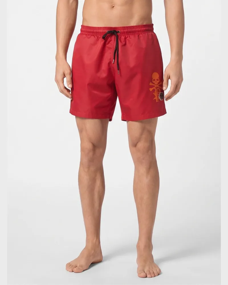 Philipp Plein Badeshorts aus Nylon mit elastischem Bund und Kontrast-Logo Rot