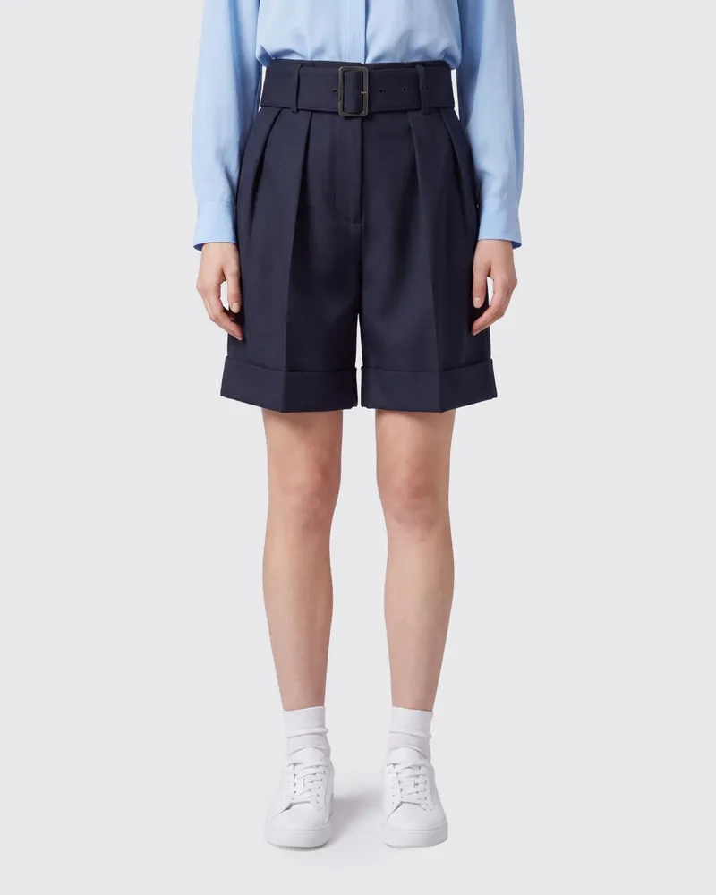 Golden Goose Hoch taillierte, maßgeschneiderte Wollmisch-Shorts mit Bundfalten und Umschlag Blau