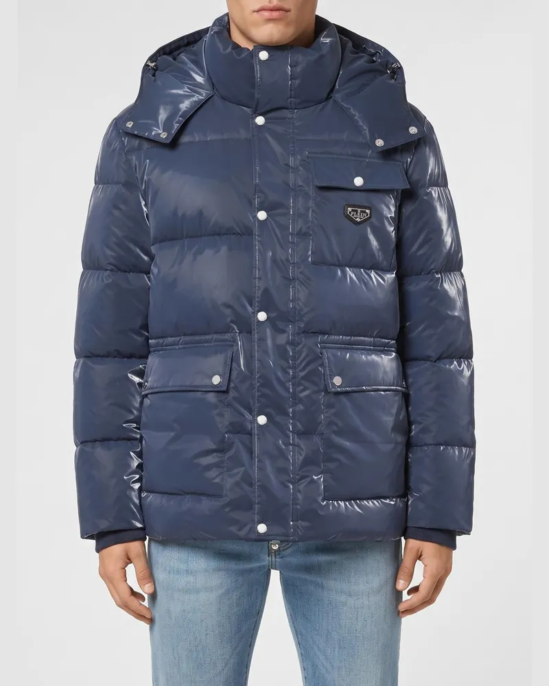 Philipp Plein Daunenjacke mit Kapuze aus gestepptem Nylon mit aufgesetzten Taschen und Logo Blau