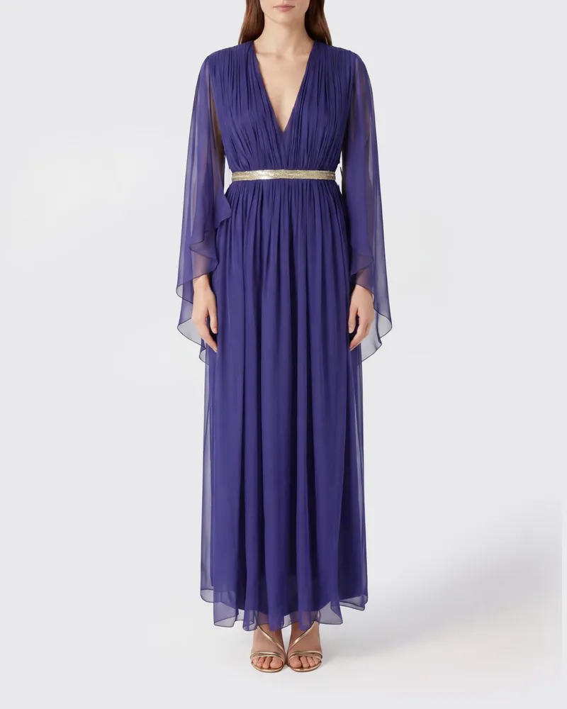 Alberta Ferretti Ärmelloses langes Abendkleid aus plissierter Seide mit V-Ausschnitt Blau