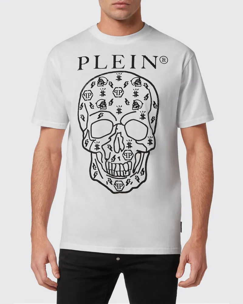 Philipp Plein Baumwoll-T-Shirt mit Rundhals, Totenkopf- und Logo-Print Weiß