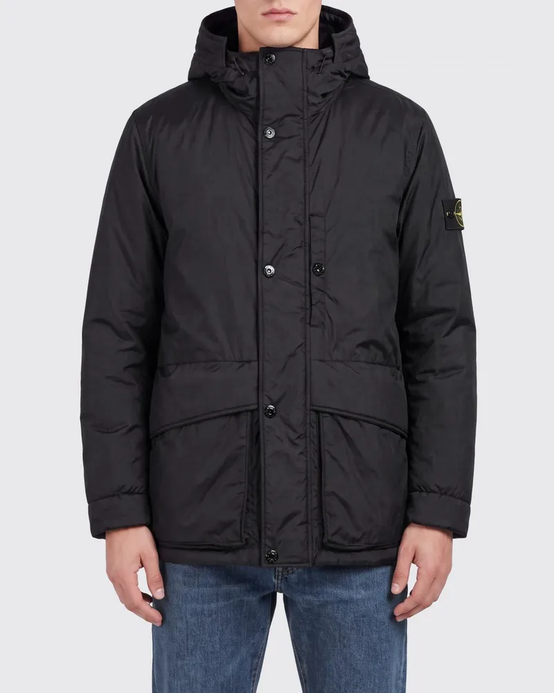 Stone Island Kurzer wasserabweisender Parka mit verstellbarer Kapuze und Logo Schwarz