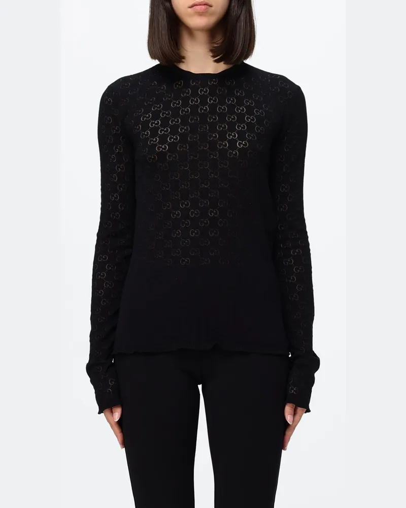 Gucci Transparentes Crêpe-Top mit GG-Monogramm und langen Ärmeln Schwarz