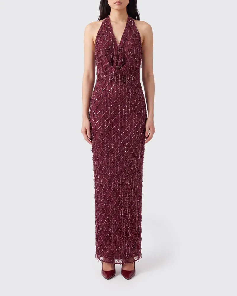 ROTATE Birger Christensen langes Slim-Fit-Abendkleid aus Jersey mit Neckholder und Perlen Braun