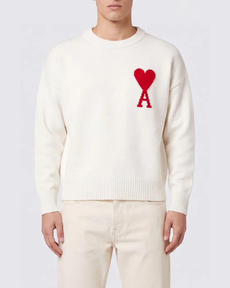 AMI Paris Wollpullover mit Rundhalsausschnitt von mit Kontrastlogo Weiß
